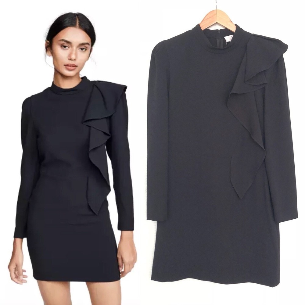 IRO Deteo Ruffle Mini Dress Women 10/42 Long Sleeve Asymmetric LBD Parisian Chic